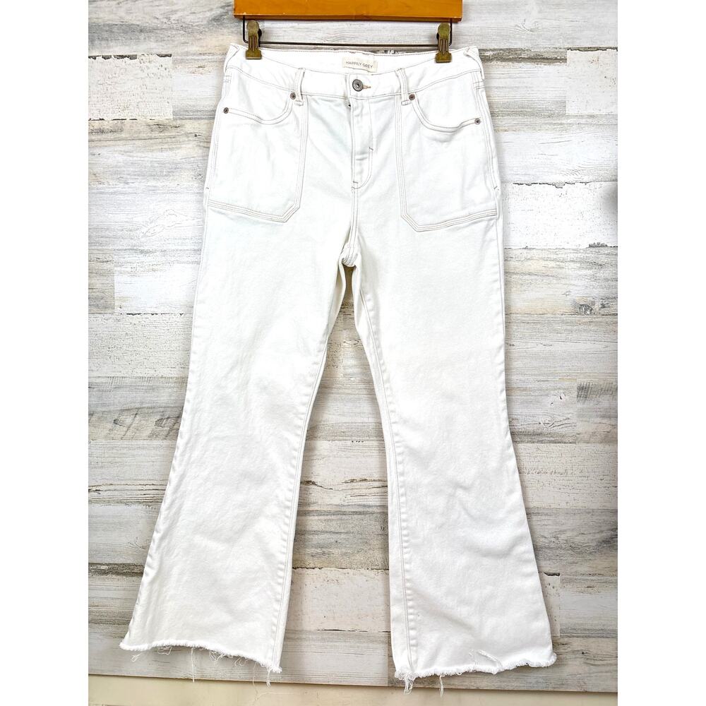 Hapily Grey Womens 30 White High Rise Flare Fray Hem Retro Casual Denim Jeans
